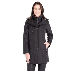 Fleet Street Short Trench Rain Coat Removable Hood & Liner Zipper Pockets